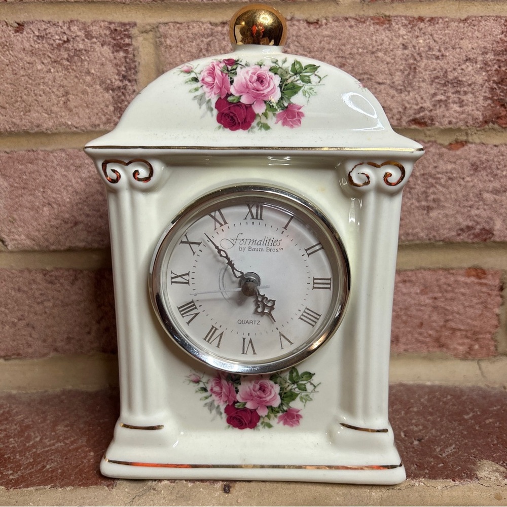 Formalities Mantle Clock Porcelain Pink Rose Made by Baum Bros.